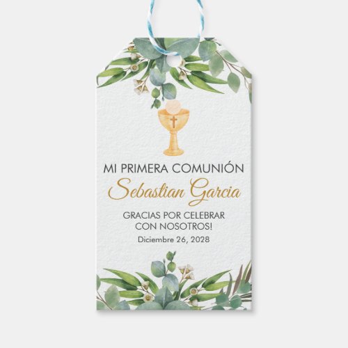 Cute Greenery Leaves in Spanish First Communion Gift Tags