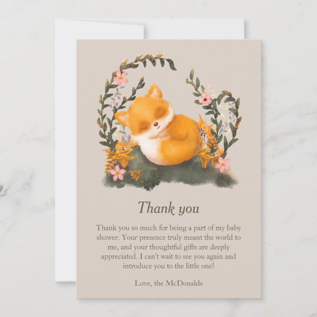 Cute Greenery Little Fox Baby Shower  Thank You Card (Front)