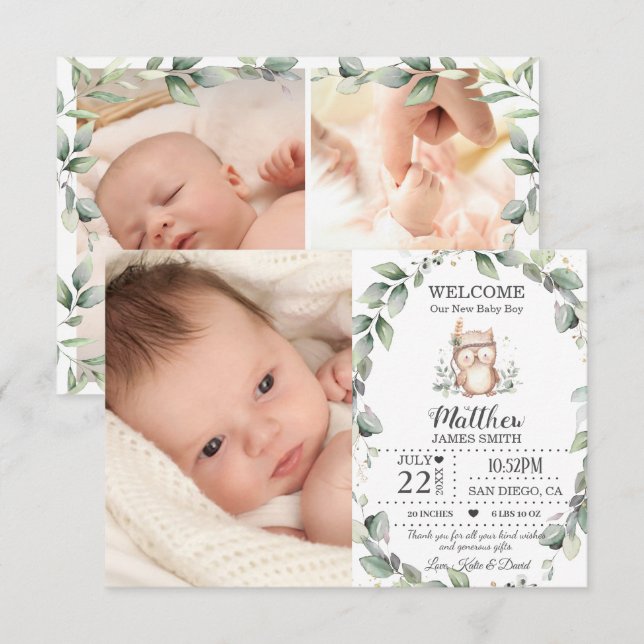 Cute Greenery Owl New Baby Boy Photo Collage Birth Announcement (Front/Back)