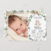 Cute Greenery Owl New Baby Boy Photo Collage Birth Announcement