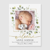 Cute Greenery Photo Birth Announcement Cards