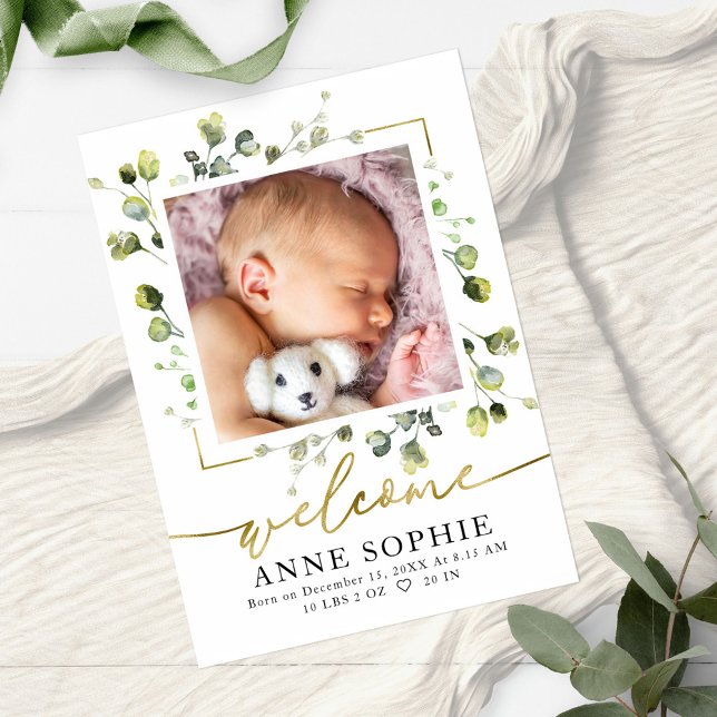 Cute Greenery Photo Birth Announcement Cards (Creator Uploaded)