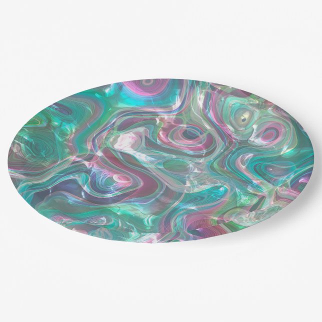 Cute Greenery Pink Blue Abstract Marble Pattern Paper Plates (Angled)