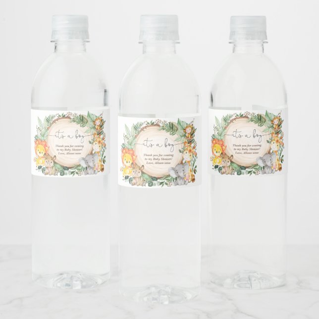 Cute Greenery Safari Animals Baby Shower Favors Water Bottle Label (Bottles)