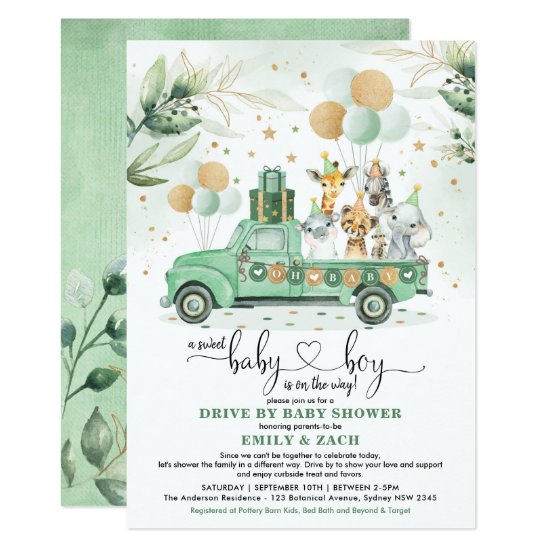 Cute Greenery Safari Drive Through Boy Baby Shower Invitation