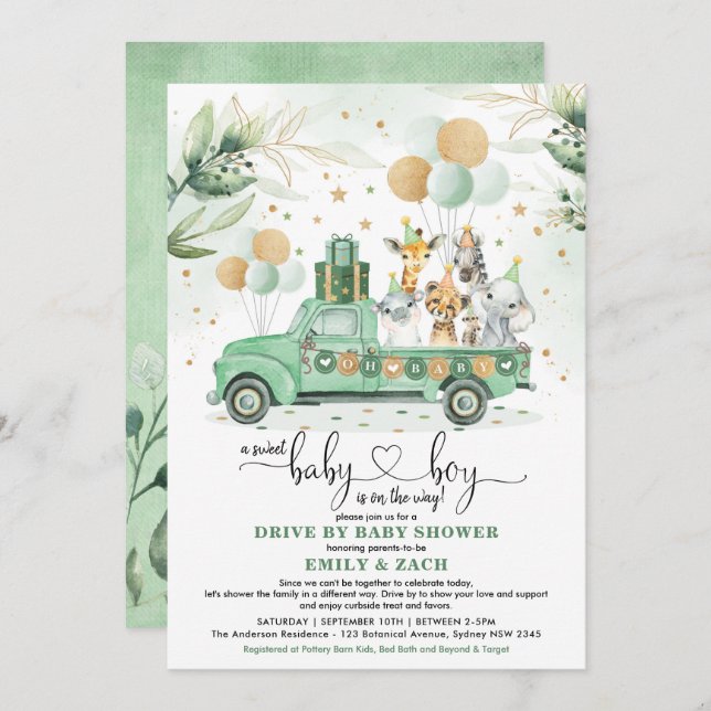 Cute Greenery Safari Drive Through Boy Baby Shower Invitation (Front/Back)