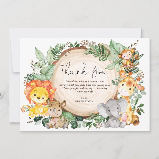 Cute Greenery Safari Wild Animals Birthday Thank You Card (Front)