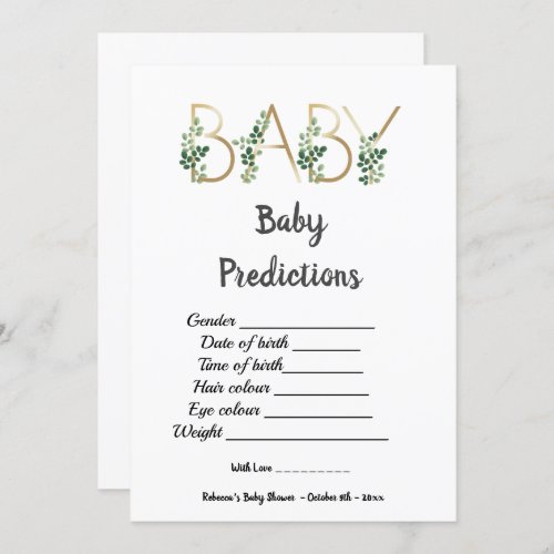 Cute Greenery Slogan Baby Shower Predictions Game  Invitation