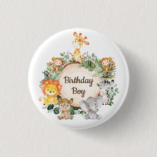 Cute Greenery Wild Safari Animals Birthday Boy Button (Front)