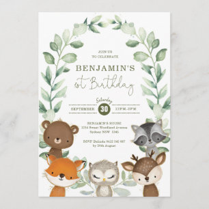Cute Greenery Woodland Animals 1st Birthday Party Invitation