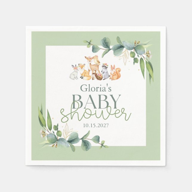 Cute Greenery Woodland Animals Baby Shower Napkins (Front)