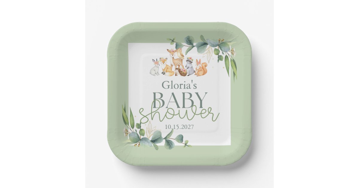 Cute Greenery Woodland Animals Baby Shower Paper Plates | Zazzle