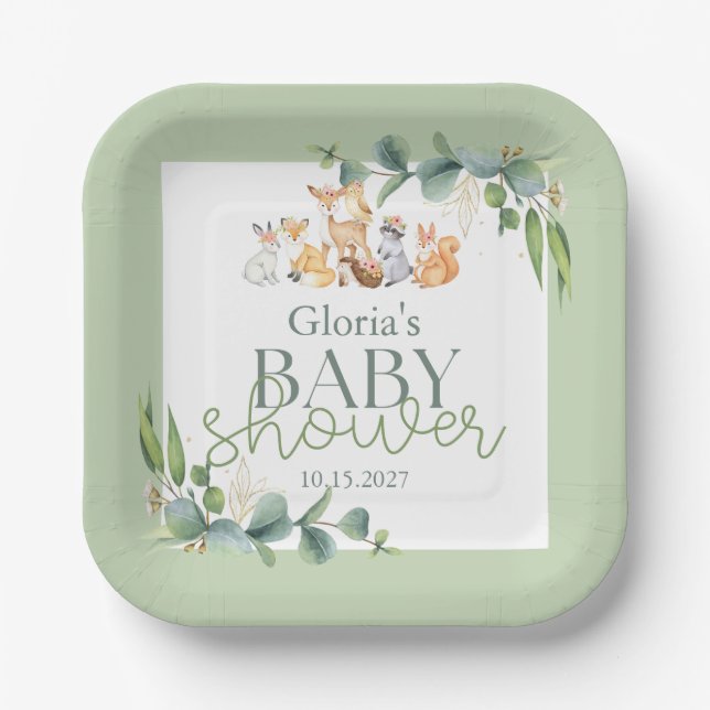 Cute Greenery Woodland Animals Baby Shower Paper Plates (Front)