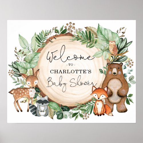Cute Greenery Woodland Animals Baby Shower Welcome Poster