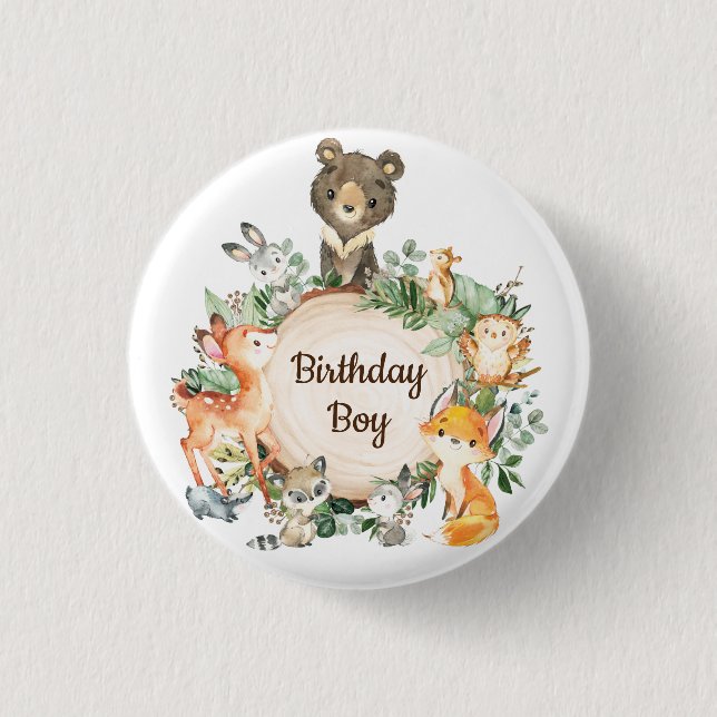 Cute Greenery Woodland Animals Birthday Boy Button (Front)