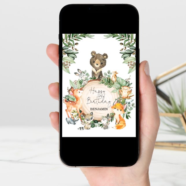 Cute Greenery Woodland Animals Happy Birthday Card (Front Digital)