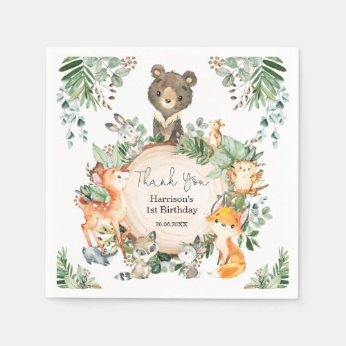 Cute Greenery Woodland Baby Wild Animals Birthday Napkins