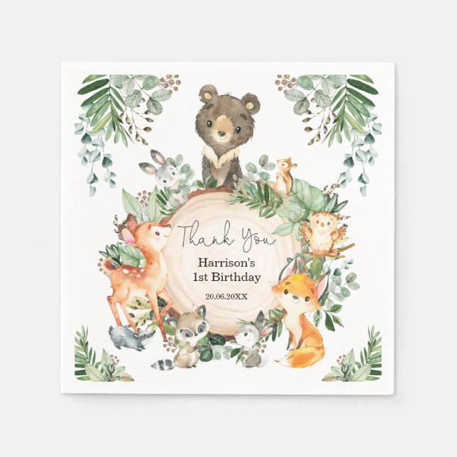 Cute Greenery Woodland Baby Wild Animals Birthday Napkins (Front)