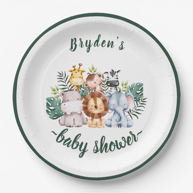 Cute Greenery Woodland Forest Animals Baby Shower Paper Plates (Front)