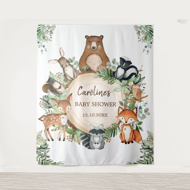 Cute Greenery Woodland Forest Animals Baby Shower Tapestry (Front)