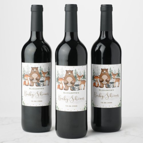 Cute Greenery Woodland Forest Animals Baby Shower Wine Label