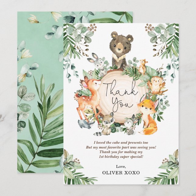 Cute Greenery Woodland Forest Animals Birthday Thank You Card (Front/Back)