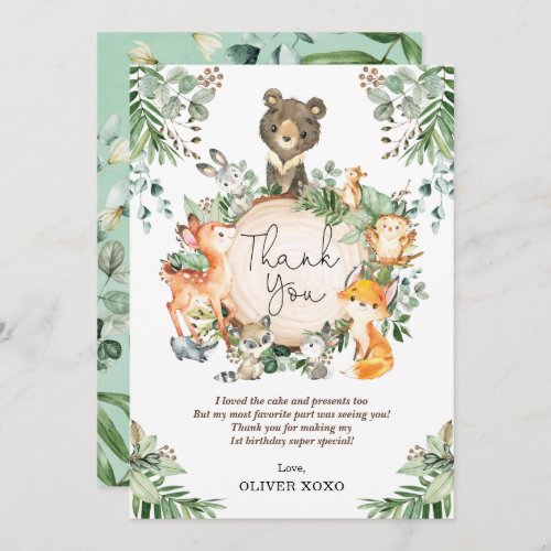 Cute Greenery Woodland Forest Animals Birthday Thank You Card