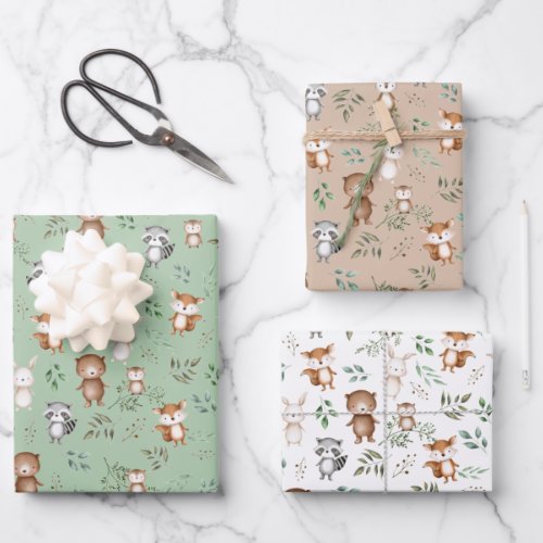 Cute Greenery Woodland Forest Party Baby Animals Wrapping Paper Sheets