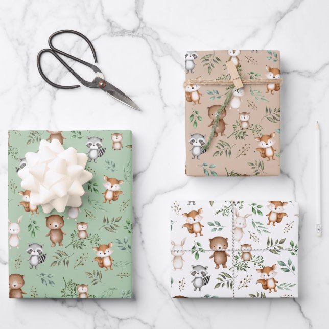Cute Greenery Woodland Forest Party Baby Animals Wrapping Paper Sheets (Front)