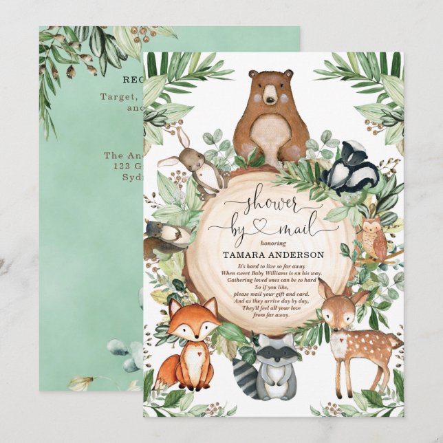 Cute Greenery Woodland Wild Animals Shower By Mail Invitation (Front/Back)