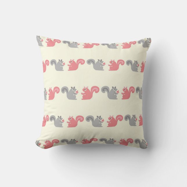 cute grey and pink woodland squirrels pattern throw pillow (Front)