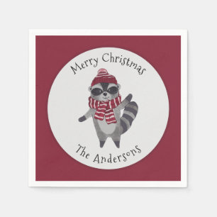 Cute Grey and Red Watercolor Christmas Raccoon Napkins