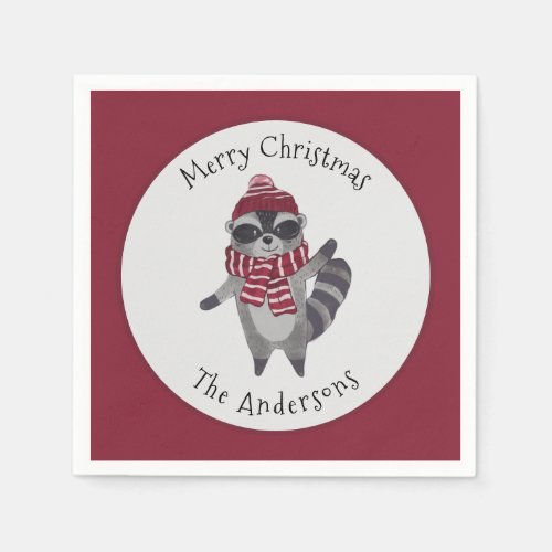 Cute Grey and Red Watercolor Christmas Raccoon  Napkins