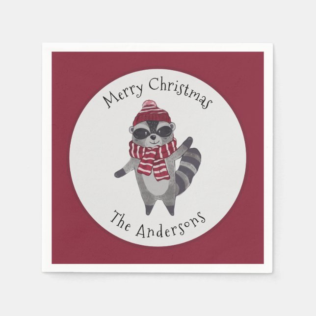 Cute Grey and Red Watercolor Christmas Raccoon  Napkins (Front)