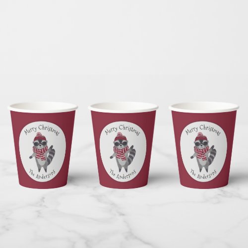 Cute Grey and Red Watercolor Christmas Raccoon  Paper Cups