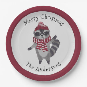Cute Grey and Red Watercolor Christmas Raccoon Paper Plates