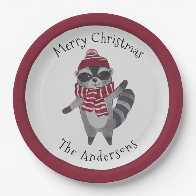 Cute Grey and Red Watercolor Christmas Raccoon  Paper Plates (Front)