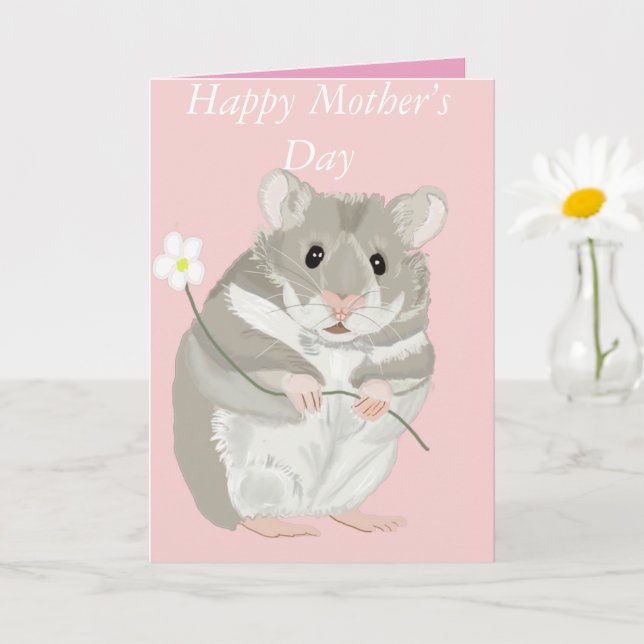 Cute Grey and White Hamster holding a flower Card (Small Plant)