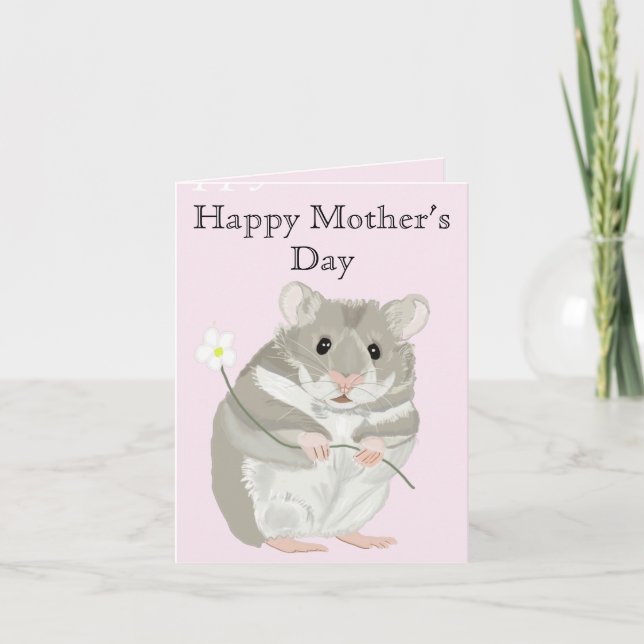 Cute Grey and White Hamster Holding a Flower  Card (Front)