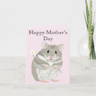 Cute Grey and White Hamster Holding a Flower Card