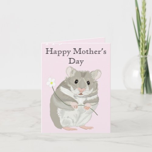 Cute Grey and White Hamster Holding a Flower  Card