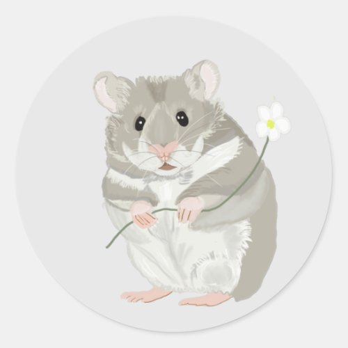 Cute Grey and White Hamster Holding a Flower  Classic Round Sticker