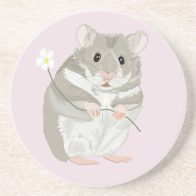 Cute Grey and White Hamster Holding a Flower  Coaster (Front)