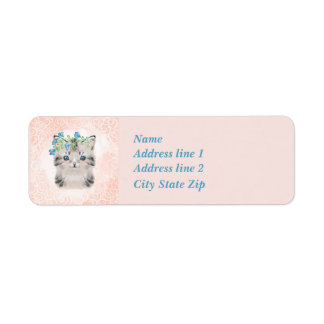 Cute Grey And White Kitty Drawing With Peach Lace Label
