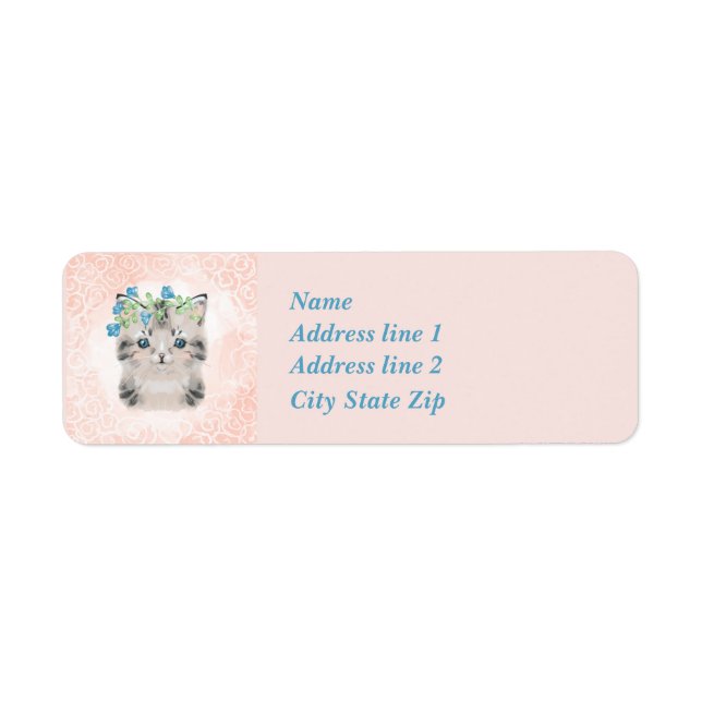 Cute Grey And White Kitty Drawing With Peach Lace Label (Front)