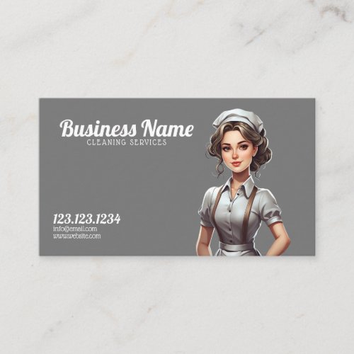 Cute Grey and White Maid Home Cleaning Business Card