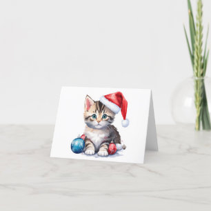 Cute Grey and White Santa Kitten BLANK Holiday Card