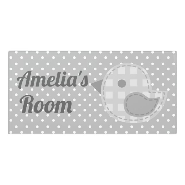 Cute Grey Baby Bird and Polka Dot Personalised Door Sign (Classic Front)