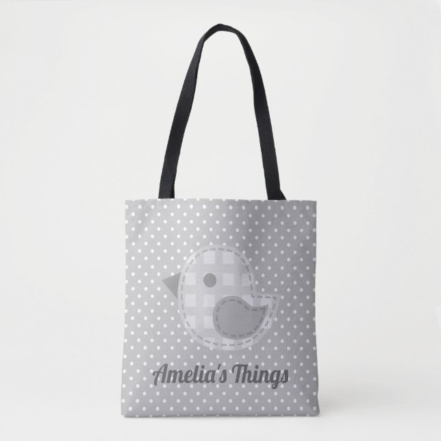 Cute Grey Baby Bird and Polka Dot Personalised Tote Bag (Front)