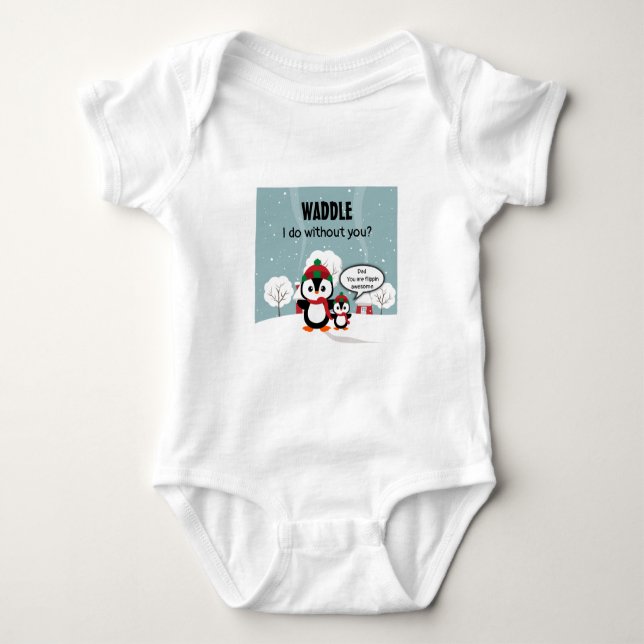 Cute Grey Baby Penguin In Winter Snow Baby Bodysuit (Front)